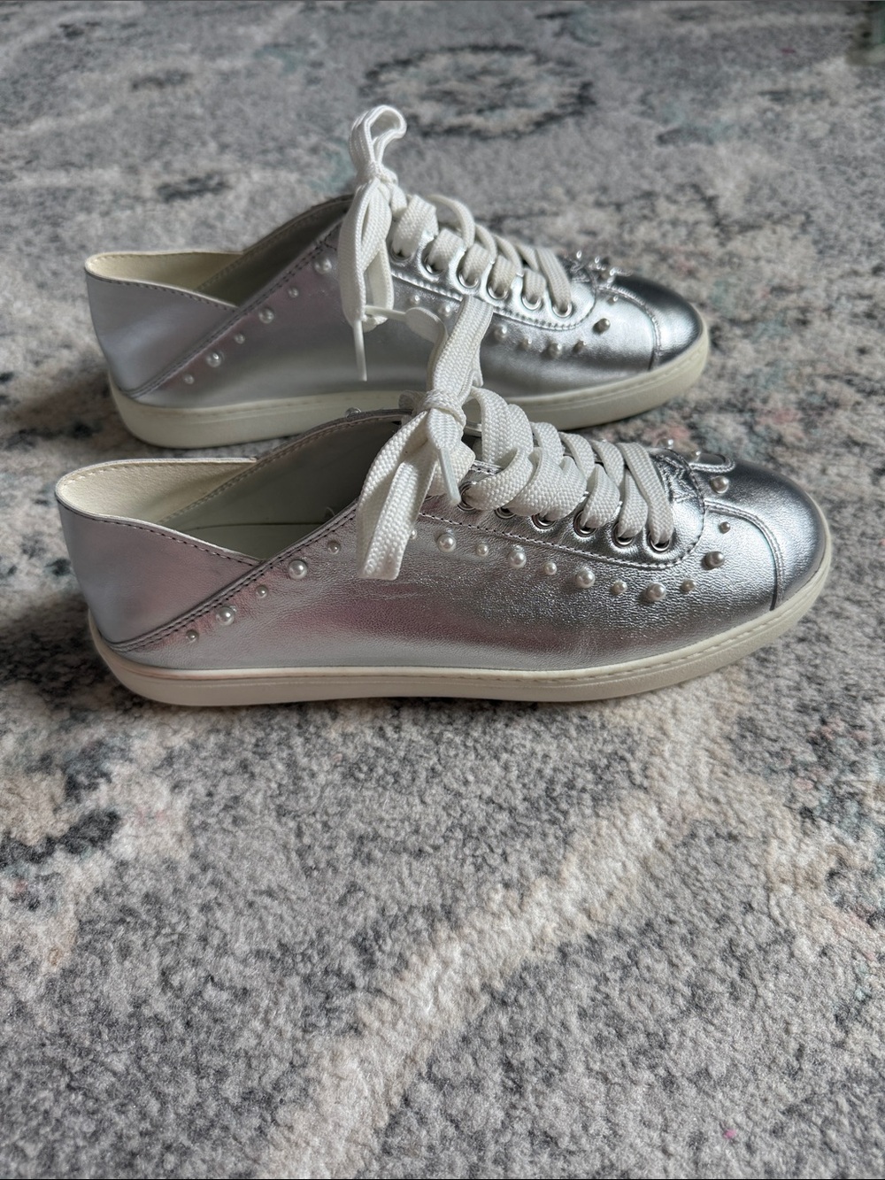 Stuart Weitzman Leather Silver Pearl Sneakers